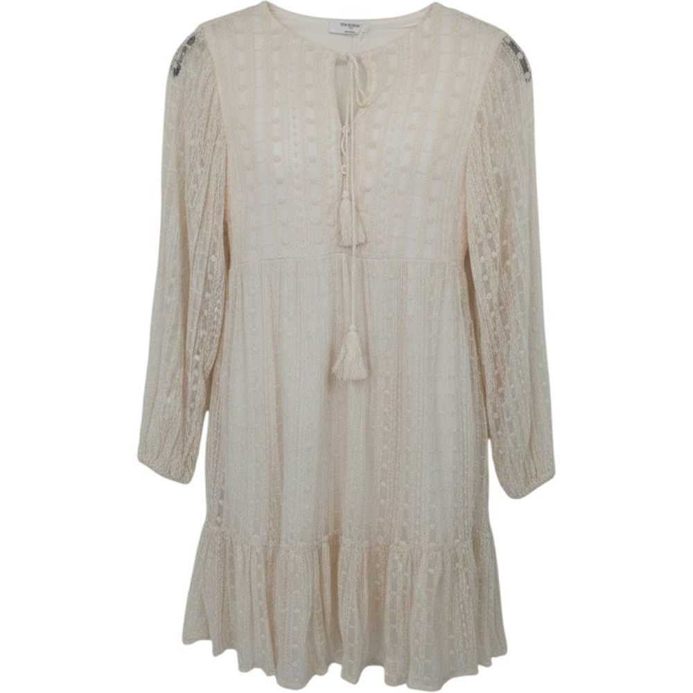 REVEROF Dress Women Medium Cream Lace Swiss Dot Tassel Boho Mini Romantic Chic
